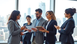 Engage with international business real estate professionals in a modern office setting.