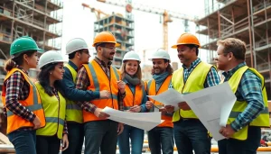Engaged professionals showcasing careers in construction on a dynamic building site.