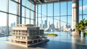 Fotorealistische 3D Visualisierung eines Architekturmodells in modernem Büro mit Panoramablick.