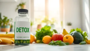Showcase detox supplement for weight loss with fresh vegetables in a bright kitchen setting.