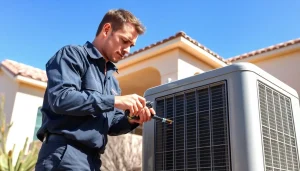 Expert HVAC technician performing ac repair mesa az on an outdoor unit in bright sunlight.