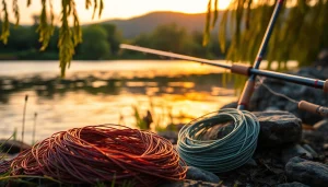 Coiled fly fishing line on a riverbank at sunset, showcasing its texture.