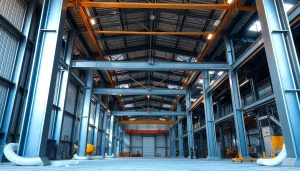 Showcasing steel structure design in a vibrant industrial environment with intricate details.