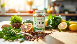 Showcasing a detox supplement for weight loss amidst fresh fruits and herbs, highlighting health and vitality.