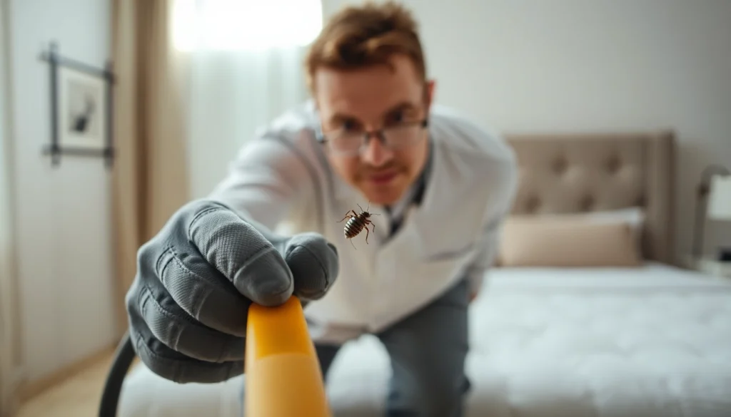 Performing bed bug removal inspection with tools in a well-lit bedroom environment.