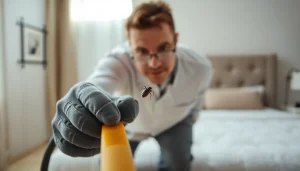 Performing bed bug removal inspection with tools in a well-lit bedroom environment.