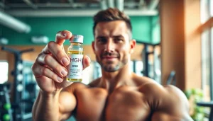 Promote HGH FOR SALE with a professional athlete in a vibrant gym, demonstrating strength and vitality.