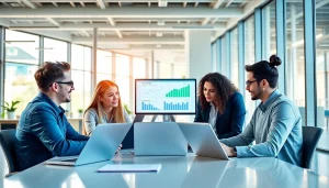 Team analyzing data for a cheap smm panel strategy in a modern office.