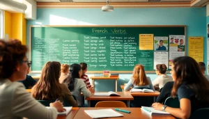 Students engaging with French verbs in an interactive classroom setting