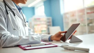 E-prescribing compliance illustrated with a physician sending a prescription electronically in a bright healthcare environment.
