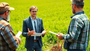 A lawyer advocating for agricultural law in conversation with farmers in a sunny field.