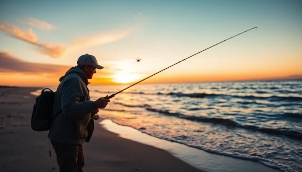 Angler practicing saltwater fly fishing on a picturesque beach at sunset with vibrant skies.