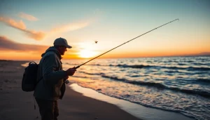 Angler practicing saltwater fly fishing on a picturesque beach at sunset with vibrant skies.