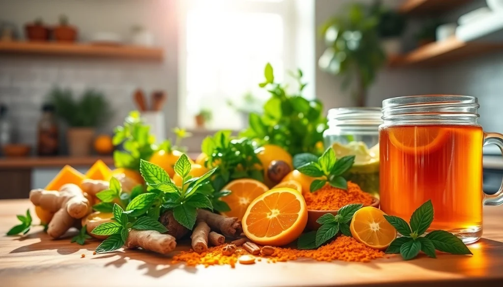 Healthy detox supplement for weight loss featuring colorful herbs and natural ingredients in a kitchen setting.