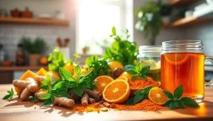 Healthy detox supplement for weight loss featuring colorful herbs and natural ingredients in a kitchen setting.