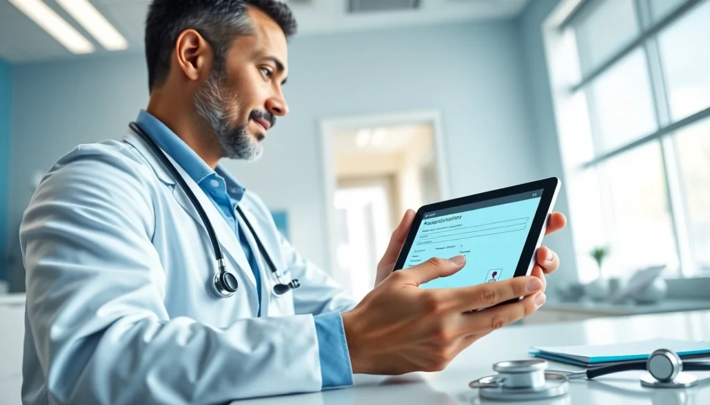 Engaging healthcare professional interacting with a choosing an eprescription app on a tablet in a clinic.