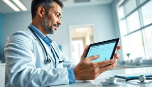 Engaging healthcare professional interacting with a choosing an eprescription app on a tablet in a clinic.