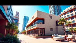 3d visualisierung einer modernen Architektur in urbaner Umgebung.
