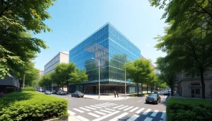 3D Architekturvisualisierung eines modernen Bürogebäudes mit beeindruckender Gestaltung