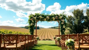 Beautiful outdoor setup showcasing Clarksburg Wedding Venues with floral arrangements and rustic charm.