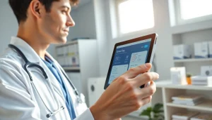 Engaged healthcare professional utilizing eprescribing software on a tablet in a modern office.