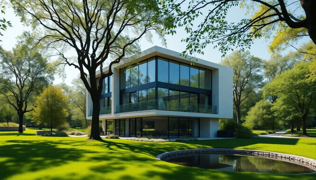 Visualisierung Architektur eines modernen Wohngebäudes in einer Parklandschaft.