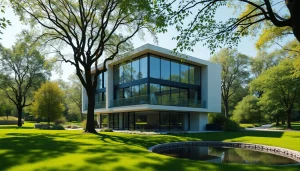 Visualisierung Architektur eines modernen Wohngebäudes in einer Parklandschaft.