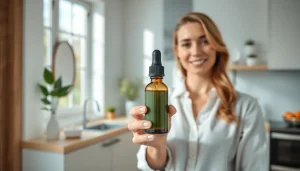 Showcasing CBD UK wellness with a woman holding CBD oil in a minimalist setting.