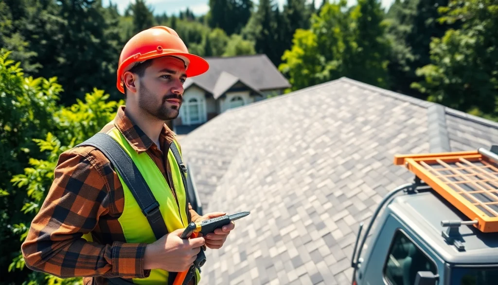 Inspecting Roofing Replacement Portland Oregon with a professional contractor at work.