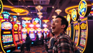 Menyaksikan pemain bahagia memainkan qqmacan slot dalam suasana kasino yang vibrant.