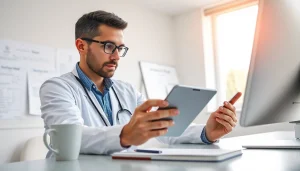 Choosing an eprescription app, healthcare professional evaluates options in a modern office.