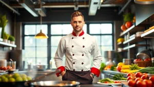 Chef coat worn by a professional chef in a vibrant kitchen setting with fresh ingredients.