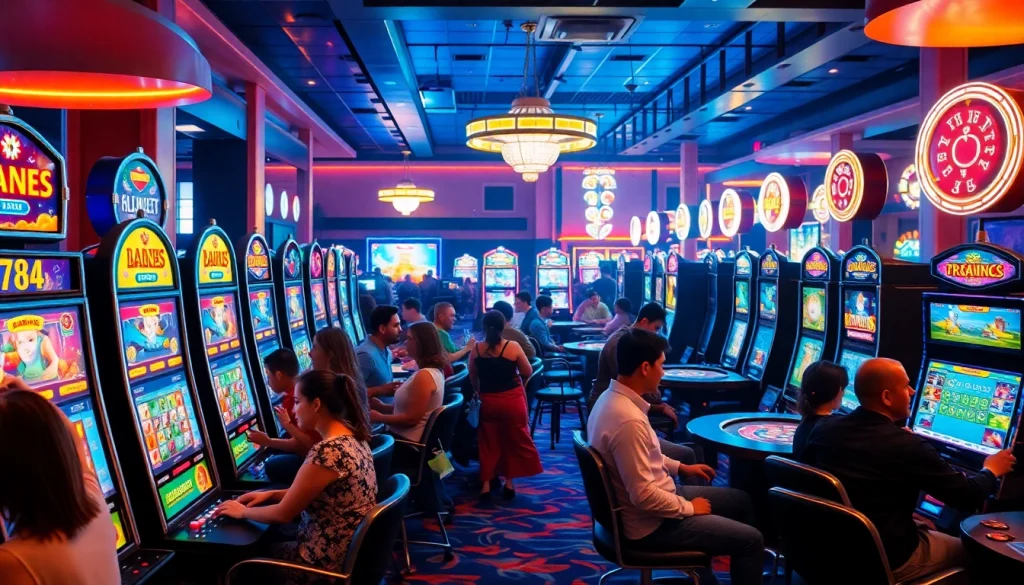 Players enjoying lively games at filbet casino with vibrant slot machines and tables.