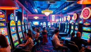Players enjoying lively games at filbet casino with vibrant slot machines and tables.