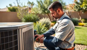 Technician maintaining Scottsdale AC unit in a vibrant outdoor setting with desert plants.